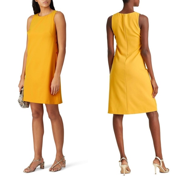 RALPH LAUREN Goldenrod Crepe Sleeveless Side Button Detail A-Line Shift Dress 16 - Picture 2 of 9